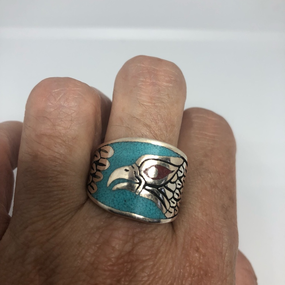 Vintage Southwestern Turquoise Inlay Hawk Ring - Picture 5 of 6